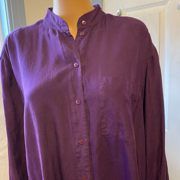 Vintage New Concepts Women’s M-XL 100% Silk Button Up Shirt Purple High Neck - Picture 6 of 10